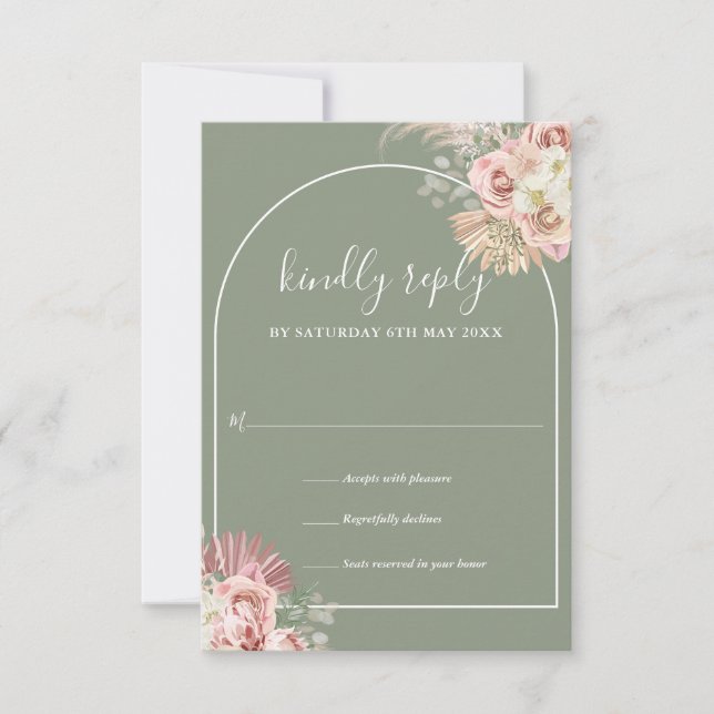 Sage Green Pampas Grass Arch Floral Monogram  RSVP Card (Front)