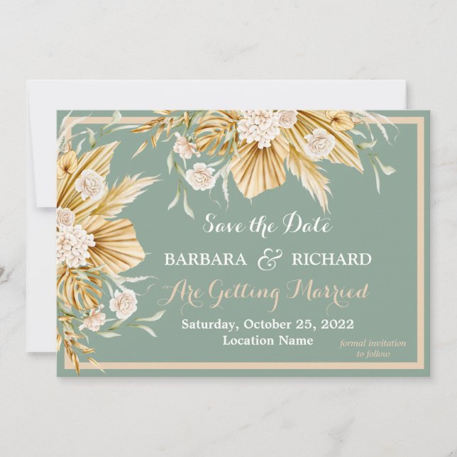 Sage Green Pampas Grass Floral Wedding Save Date   Invitation (Front)