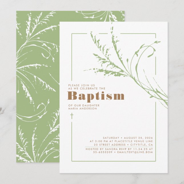 Sage Green Pampas Grass Modern Minimalist Baptism Invitation (Front/Back)