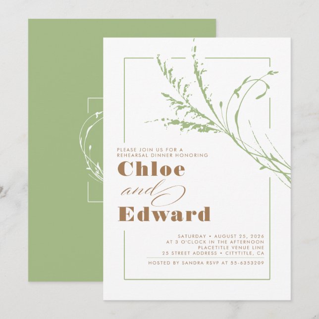 Sage Green Pampas Grass Modern Rehearsal Dinner Invitation (Front/Back)