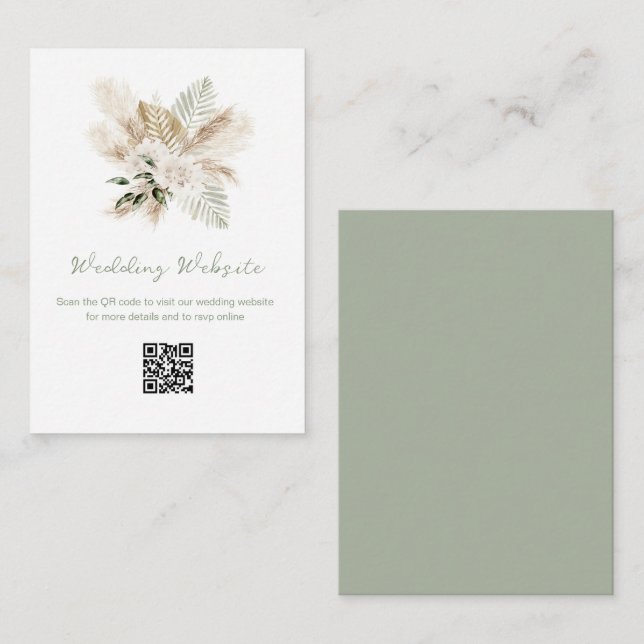 sage green pampas QR code wedding website Enclosure Card (Front/Back)