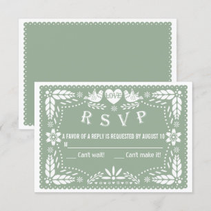 Sage green papel picado love birds flowers wedding RSVP card