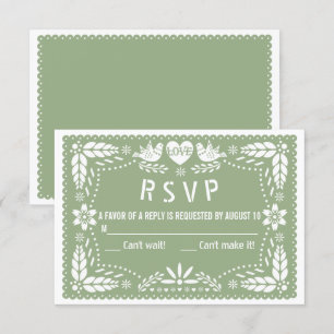 Sage green papel picado love birds flowers wedding RSVP card