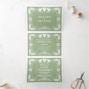 Sage green papel picado love birds wedding  Tri-Fold invitation