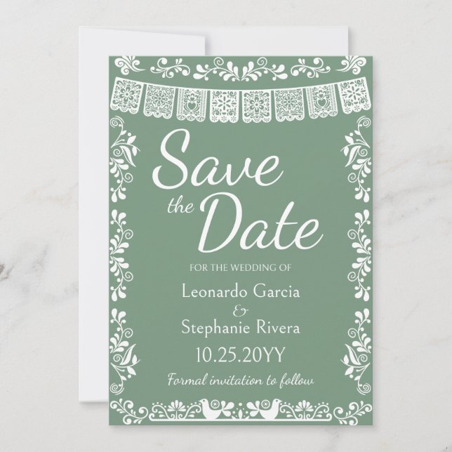 Sage Green Papel Picado Wedding Save the Date Invitation (Front)