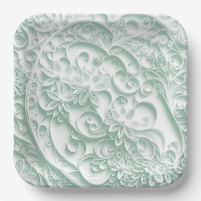 Sage Green Paper Quilling Daisy Design Paper Plate (Front)