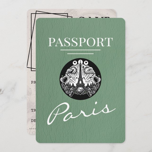Sage Green Paris Passport Save The Date (Front/Back)