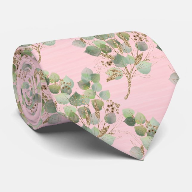 SAGE GREEN PASTEL PINK BOTANICAL MENS TIE (Rolled)