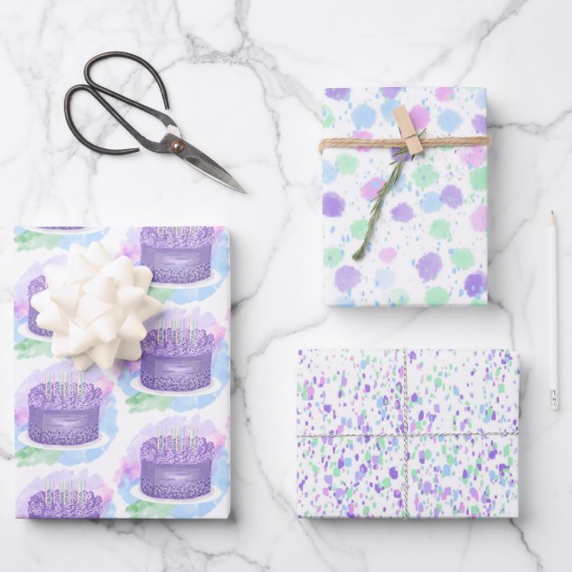 Sage Green, Pastel Purple and Pink Birthday Cake Wrapping Paper Sheet (Front)