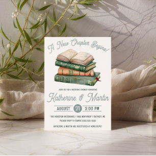 Sage Green & Peach Book Themed Bridal Shower Invitation