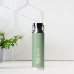 Sage green peach custom name script water bottle<br><div class="desc">A sage green background.  Personalize and add your name.   Peach coloured handwritten style script.</div>
