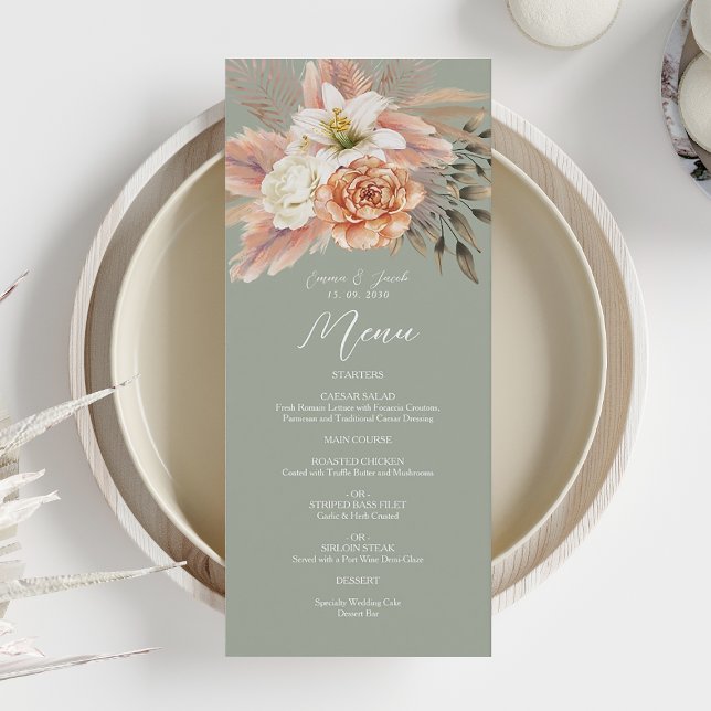 Sage Green Peach Floral Mariage Dîner Menu (Créateur téléchargé)