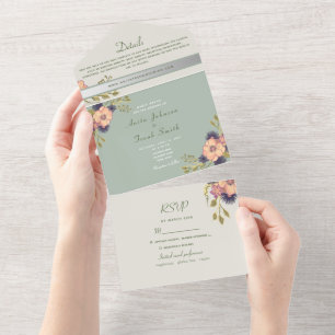 Sage Green Peach Floral Wedding All In One Invitation