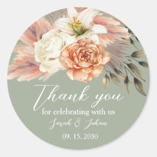 Sage Green Peach Floral Wedding Thank You Sticker
