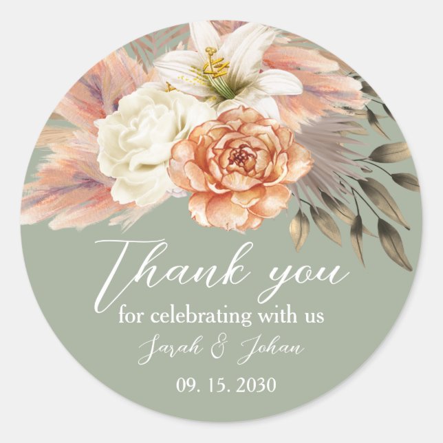 Sage Green Peach Floral Wedding Thank You Sticker (Front)