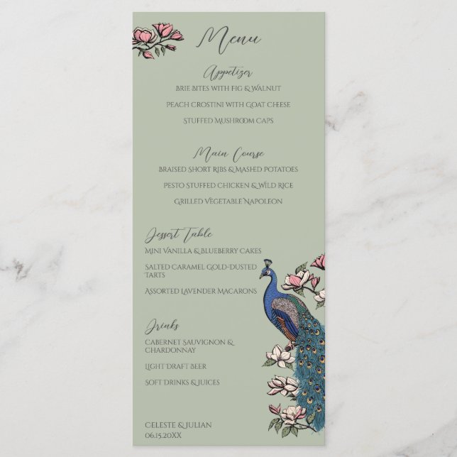 Sage Green Peacock Hand-Drawn Wedding Menu (Front)