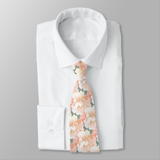 Sage Green Peony Floral Pattern Wedding Neck Tie (Tied)
