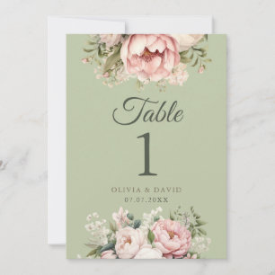 Sage Green Peony Floral Wedding Table Number
