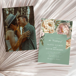 Sage Green Peony Garden Photo Wedding Invitation