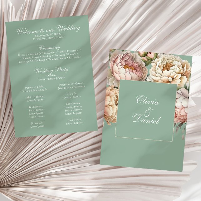 Sage Green Peony Garden Wedding Program Card (Boho Pastel Sage & Blush Peonies Wedding Program on a sunny neutral dry palm leaf.)