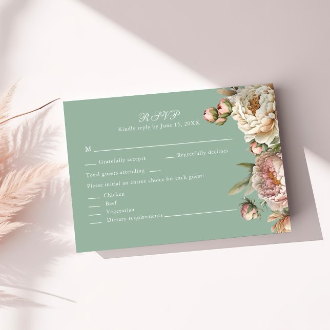 Sage Green Peony Garden Wedding RSVP Card (Pastel Sage Green and Blush Pink Peonies RSVP Card on a sunny table with neutral botanicals)