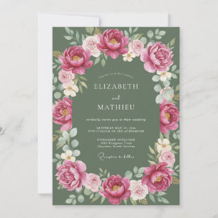 Sage Green Peony Watercolor Wedding Invitation