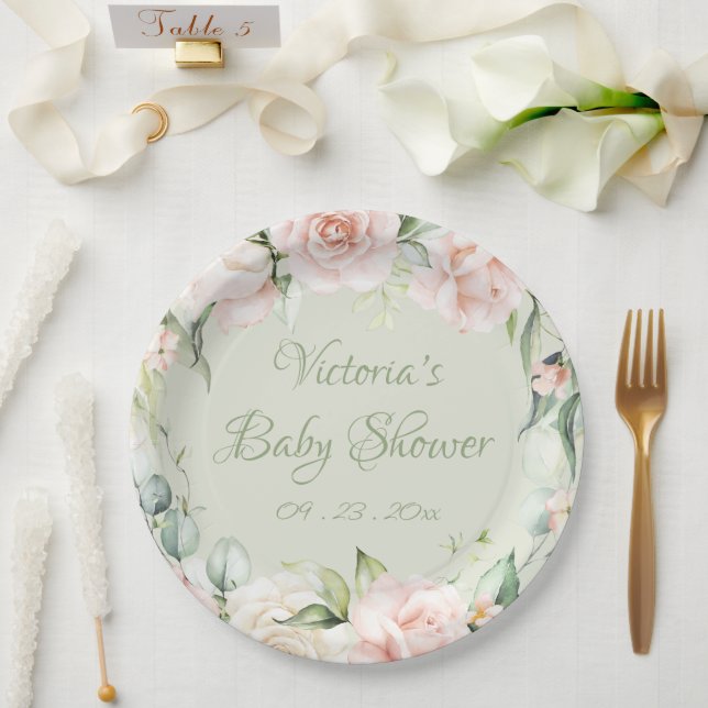 Sage Green Personalized Floral Baby Shower  Paper Plate (Wedding)