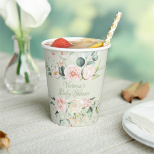 Sage Green Personalized Modern Floral Baby Shower Paper Cups