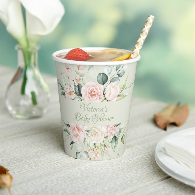 Sage Green Personalized Modern Floral Baby Shower Paper Cups (Insitu)