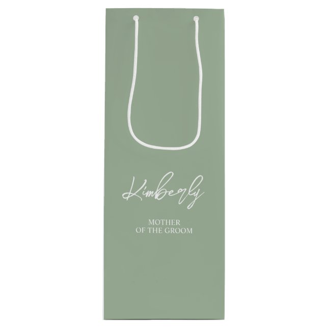 Sage Green Personalized Name Wedding Party Favour Wine Gift Bag (Front)