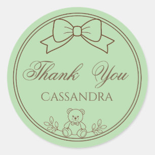 Sage Green Personalized Teddy Bear Bow Classic Round Sticker