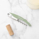 Sage Green Personalized Wedding Bridesmaid Corkscrew<br><div class="desc">Trendy,  sage green colour wine corkscrew opener for your wedding bridesmaid along with her name on back and printed in white,  stylized script. Personalize corkscrew by editing and replacing name with your bridesmaid's name. Available in many,  popular bridesmaid wedding colour schemes.</div>