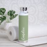 Sage Green Personalized Wedding Bridesmaid Water Bottle<br><div class="desc">Gift your wedding bridesmaid or maid or honour with this trendy, vacuum Insulated water bottle that features her name in white, stylized script on a sage green colour background designed to match your wedding colour scheme. Personalize bottle by editing and replacing name with your own as desired. Select your water...</div>