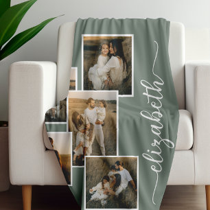 Sage Green Personalized With Name 5 Photo Collage  Fleece Blanket