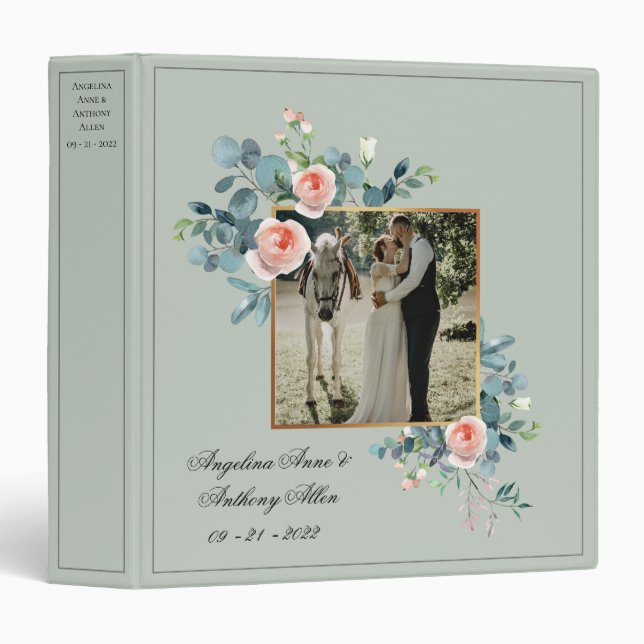 Sage Green Photo Floral Script Wedding Keepsake Binder (Front/Spine)