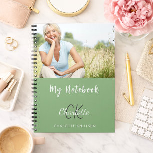 Sage green photo monogram name notebook