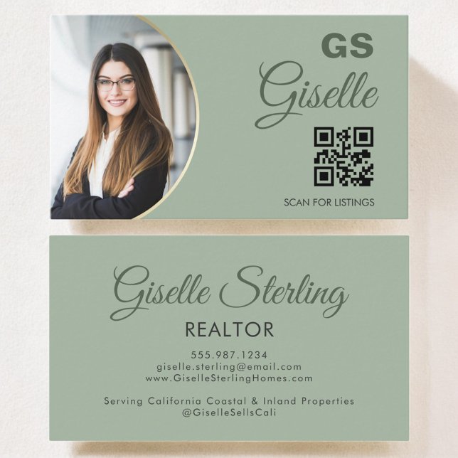 Sage Green Photo Monogram Realtor QR Code  Business Card (Creator Uploaded)