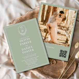 Sage Green Photo QR Code Classic Crest Wedding Invitation
