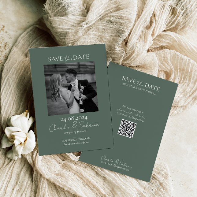 Sage Green Photo Save the Date Card with QR Code  (Creator Uploaded)