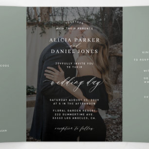 Sage green photo wedding RSVP details QR code  Tri-Fold Invitation