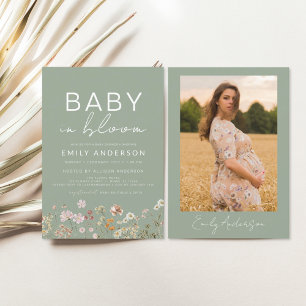 Sage Green Photo Wildflower Baby in Bloom Shower Invitation