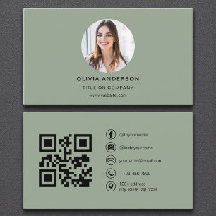 Sage Green Photo with QR Code Social Media Business Card