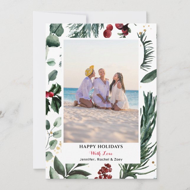 Sage Green Pine Bough Red Berry Merry Christmas  Holiday Card (Front)