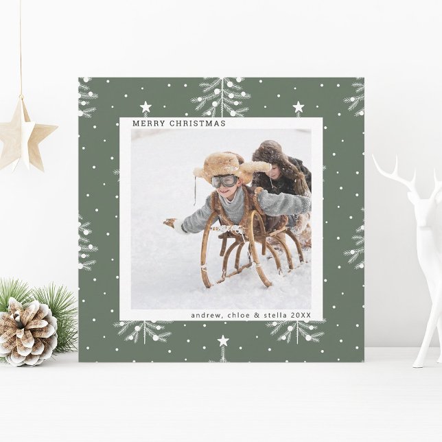 Sage Green | Pine Tree Christmas Photo Square Holiday Card (Creator Uploaded)