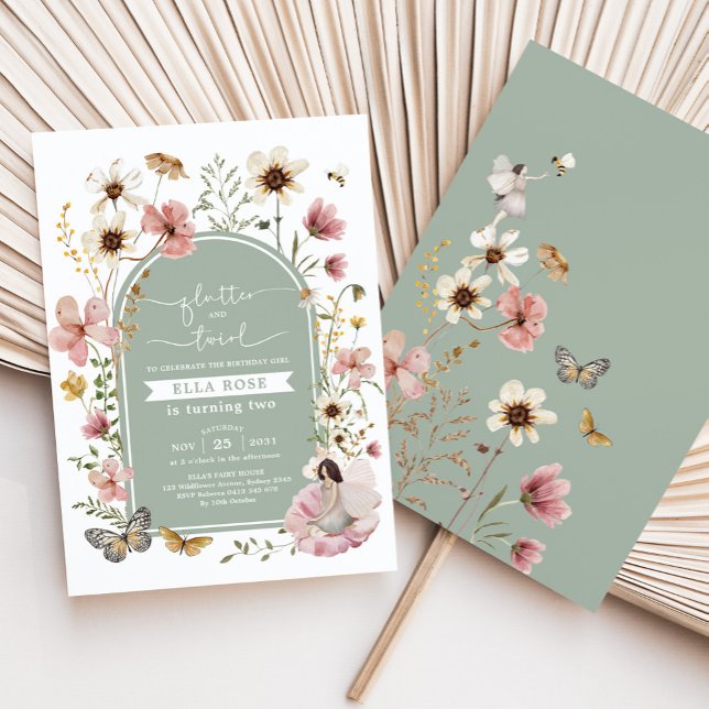 Sage Green Pink Boho Fairy Wildflower Birthday Invitation (Creator Uploaded)