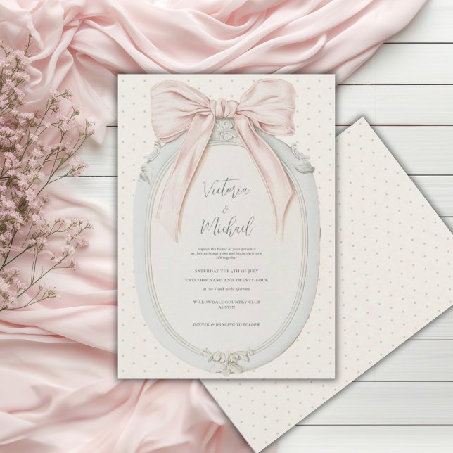Sage Green Pink Bow Frame Vintage Wedding Invitation (Creator Uploaded)