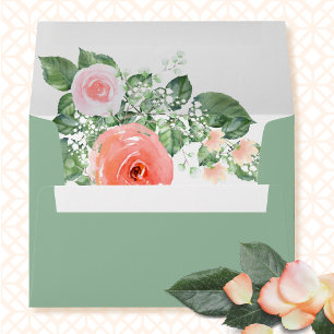 Sage Green Pink Coral Floral Watercolor Wedding  Envelope