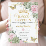 Sage Green Pink Floral Butterflies Sweet 16 Twins  Invitation<br><div class="desc">This chic Sweet 16 Birthday invitation for twins features a gold glitter geometric frame adorned by delicate watercolor sage green, pale pink floral, soft sage greenery and sage green and pink butterflies. Personalize it with your details easily and quickly, simply press the customise it button to further re-arrange and format...</div>