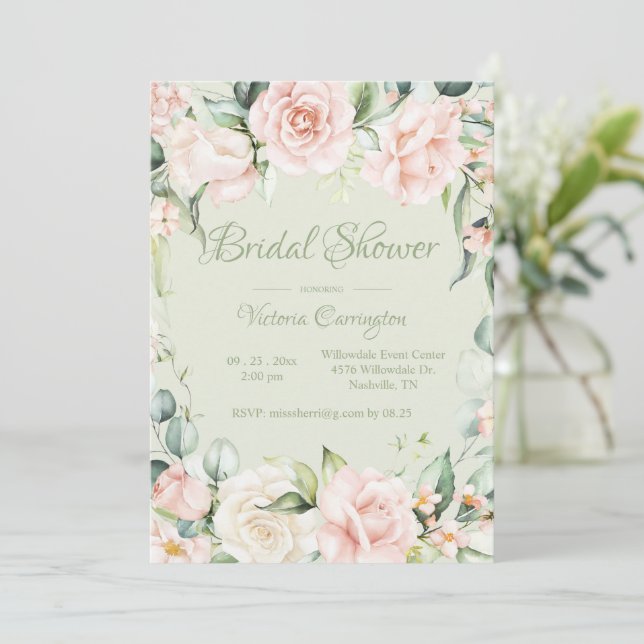 Sage Green & Pink Floral Elegant Bridal Shower Invitation (Standing Front)