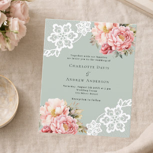 Sage green pink floral lace wedding invitation